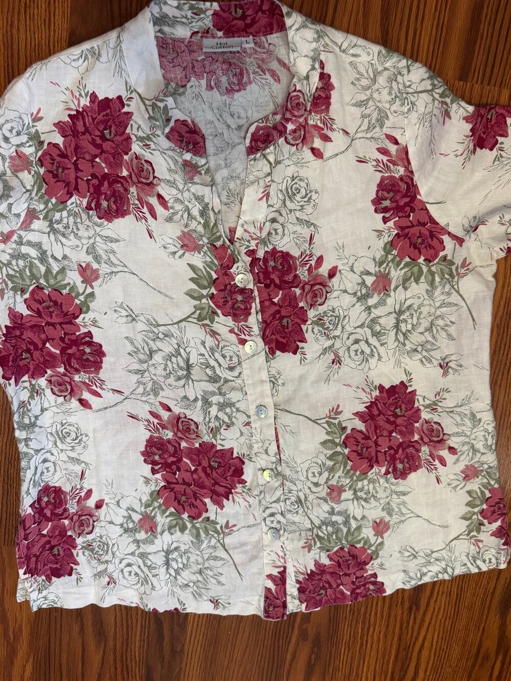 Hot Cotton 100% Linen Large Ivory Red Rose Floral Button Front Shirt